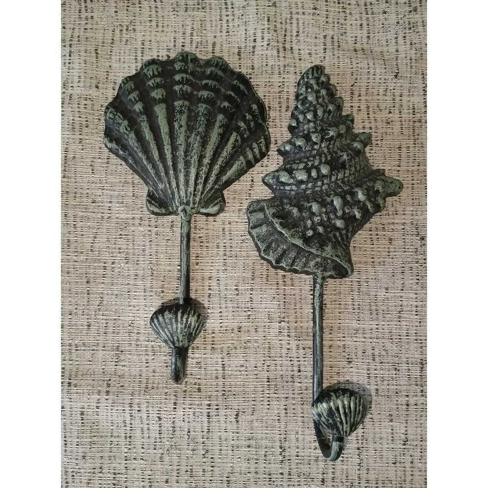 Vintage Style Cast Iron Seashell Wall Hooks Set of 2 Verdigris Coastal Decor